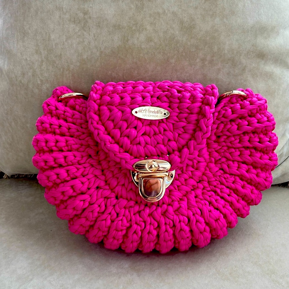 Purse Hand Crocheted, Hot Pink, Fully Adjustable